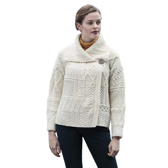 Aran Sweater Market Sweaters - Vintage Irish Aran Woollen Mills One-Button Draped Collar Merino Sweater – XS